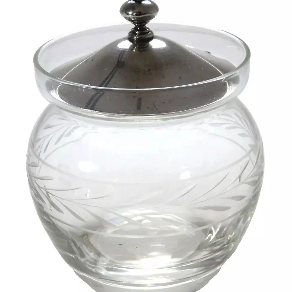 1950s Mid Century Etched Decorated Crystal & Sterling Silver Jam Jar